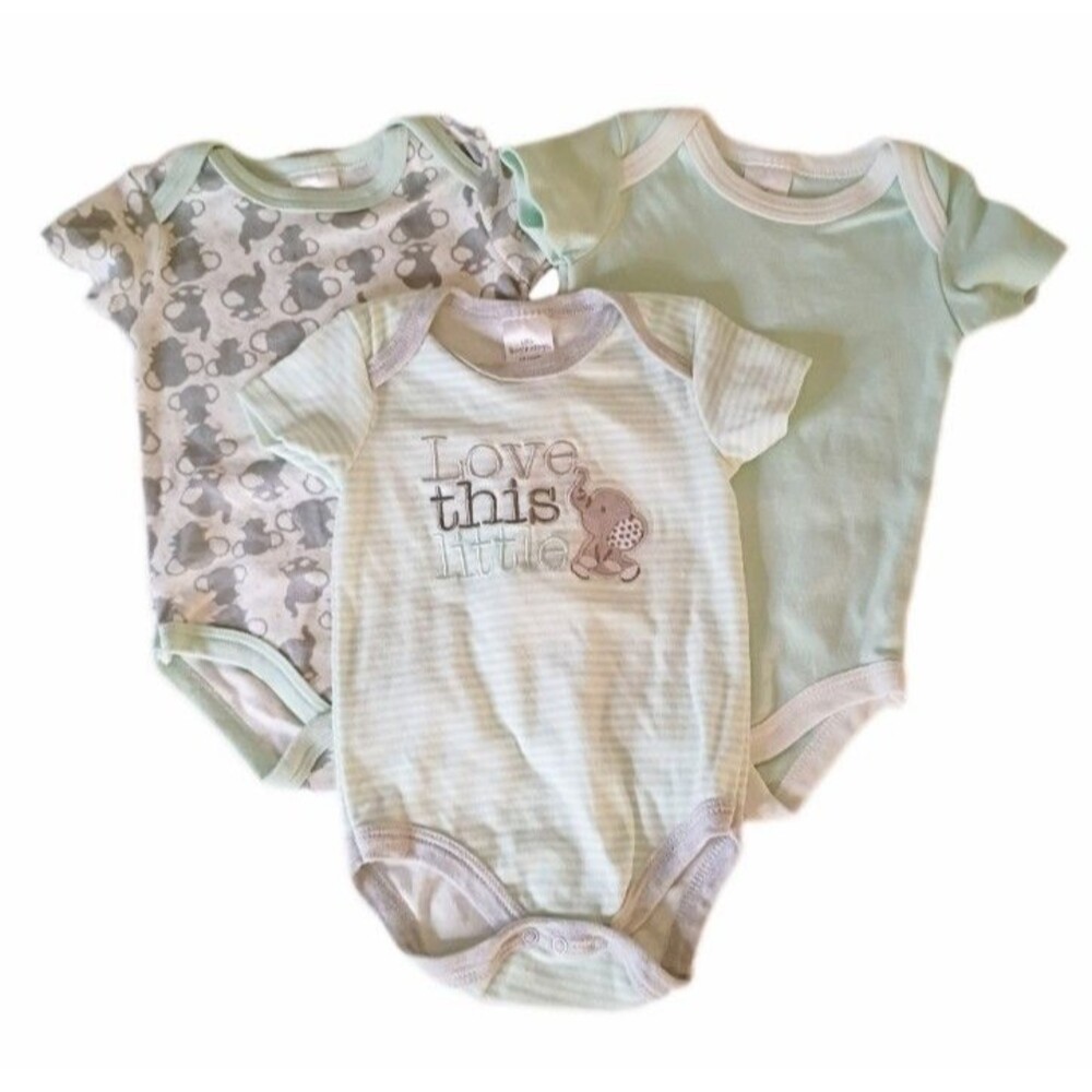 3pc Little Beginnings Short Sleeve Green/Gray Elephant Bodysuits sz 6-9M Boys